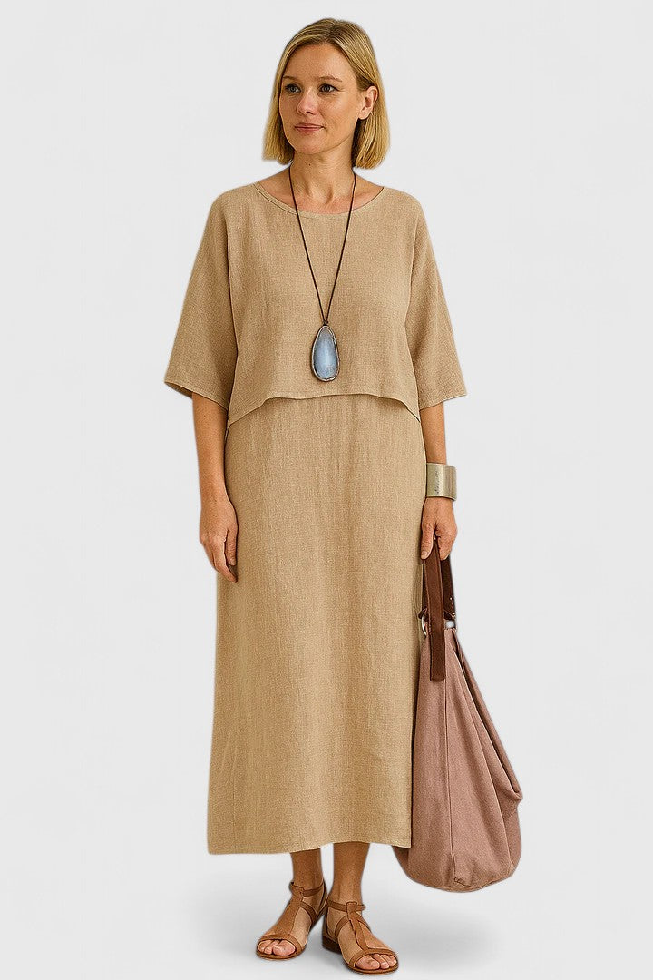 Women's short sleeve top & V-neck maxi dress ensemble, a stylish two-piece set for effortless wear.
