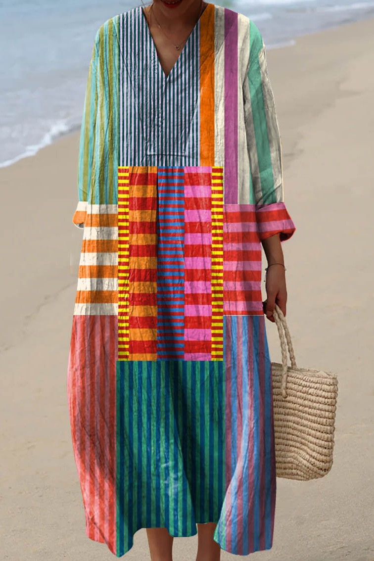 Women's vibrant color block V-neck casual walk dress with a relaxed fit, perfect as a trendy summer sundress.