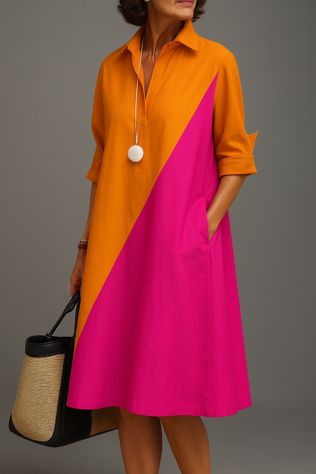 Women's vibrant colorblock A-line shirt dress, perfect for smart casual wear or summer brunch. Elegant & comfortable.