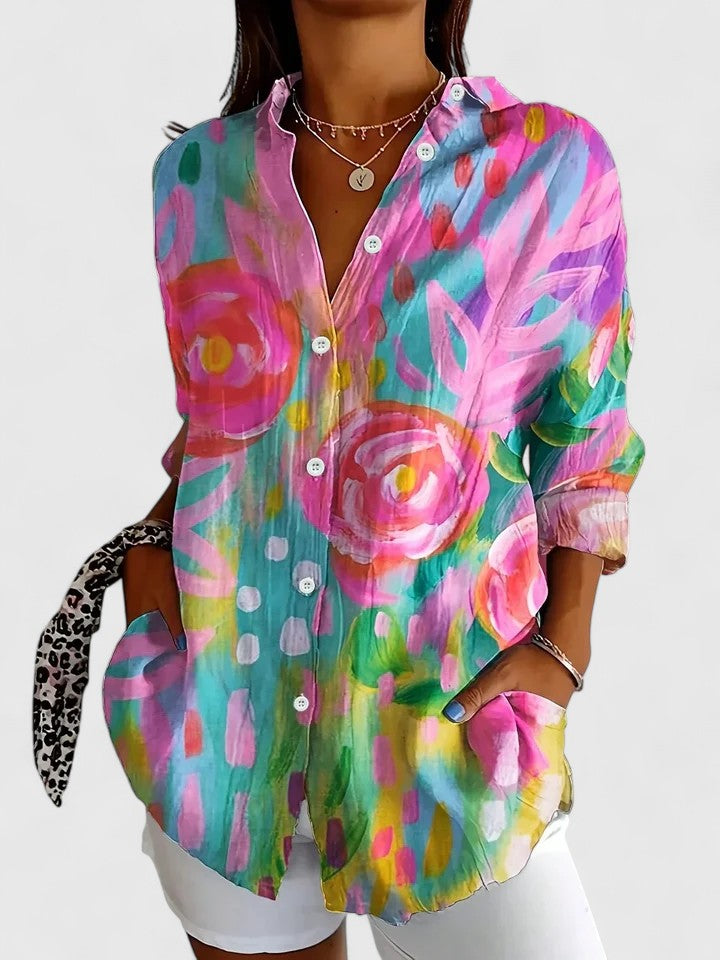 Women's vibrant floral abstract print blouse, button-down, long sleeve. Perfect for casual chic style.