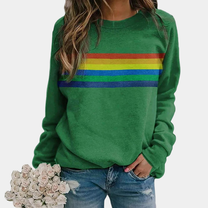 Comfortable women's crewneck sweatshirt with a cheerful rainbow stripe design. Ideal for relaxed, casual styling.