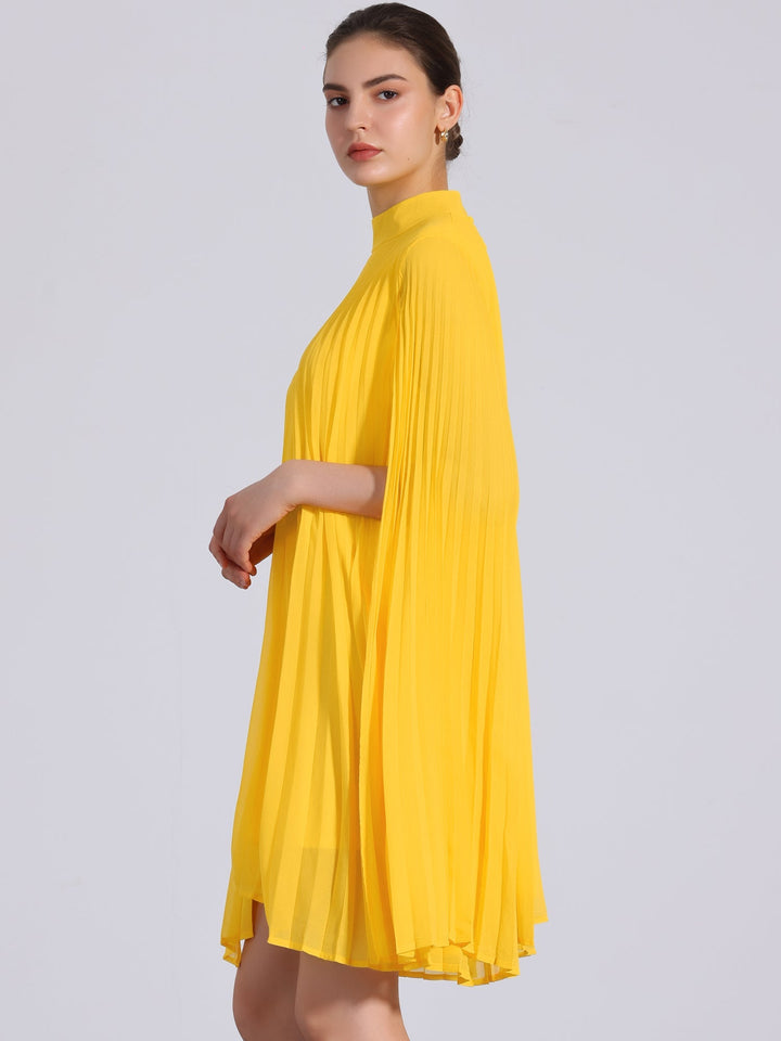 Elegant women's yellow pleated swing dress with unique cape sleeves. Sophisticated mock neck, ideal for special occasions.