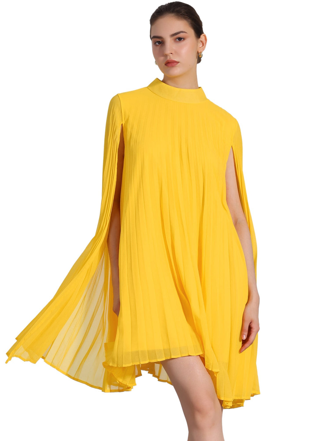 Chic women's yellow summer dress: pleated swing style, graceful cape sleeves, and a flattering mock neck design.