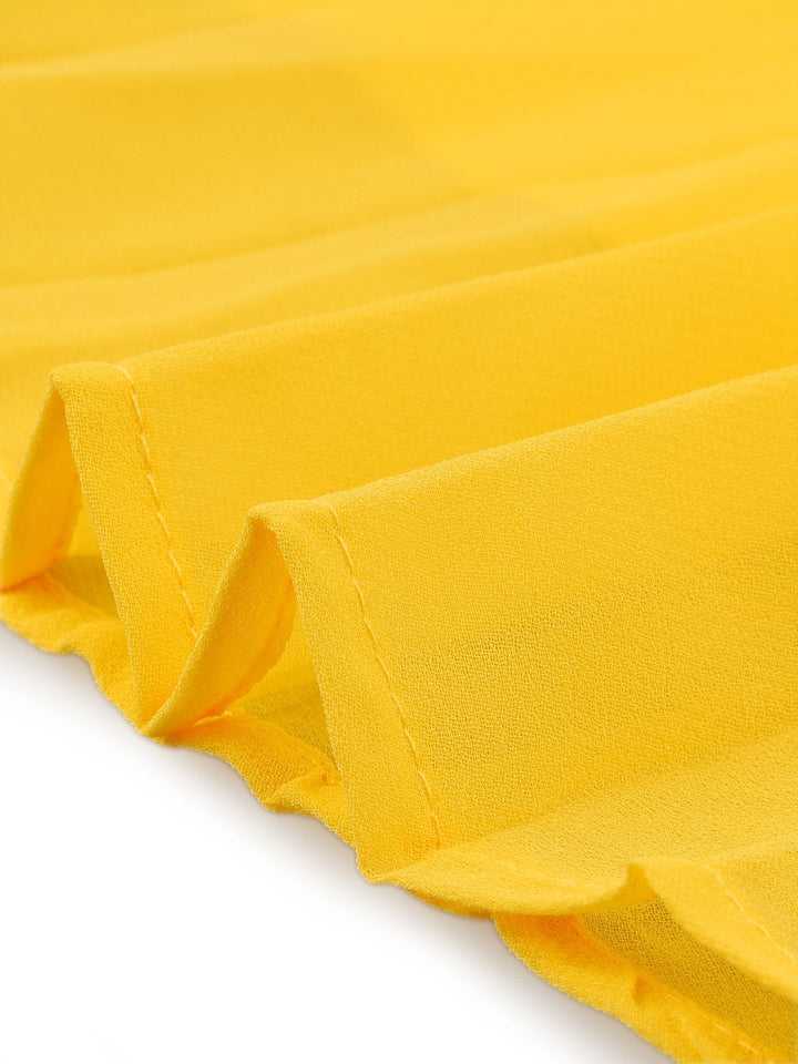 Stylish women's yellow party dress with a pleated swing silhouette and elegant, flowy cape sleeves. Special occasion wear.