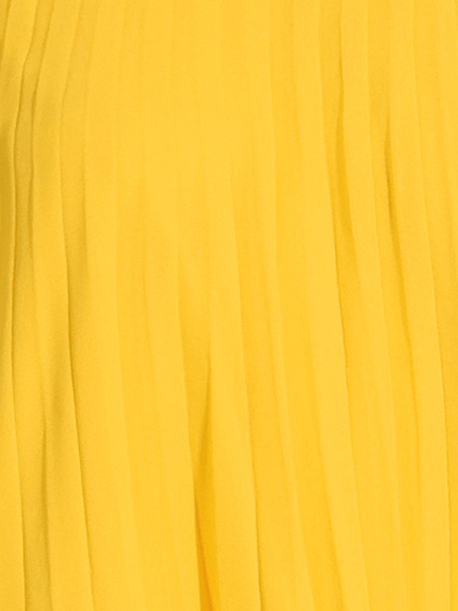 Women's bright yellow pleated swing dress. Features elegant cape sleeves & a high mock neck, perfect for events.