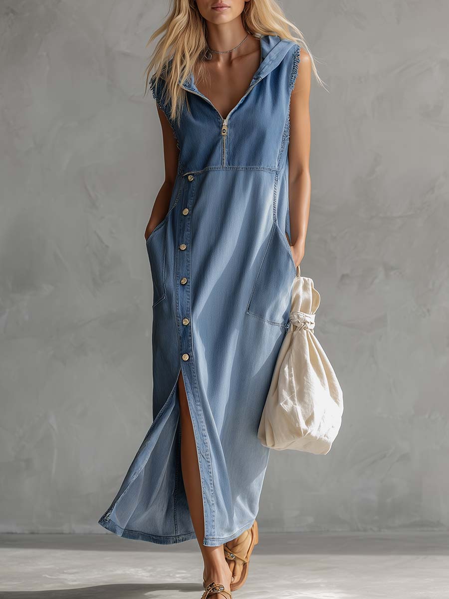 Women's vintage blue denim midi dress with a hood, V-neck, and stylish side slits for casual wear.
