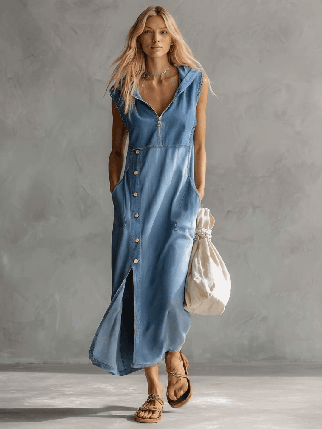 Casual women's hooded midi denim dress in a retro style. Features a comfortable fit and chic side slits.