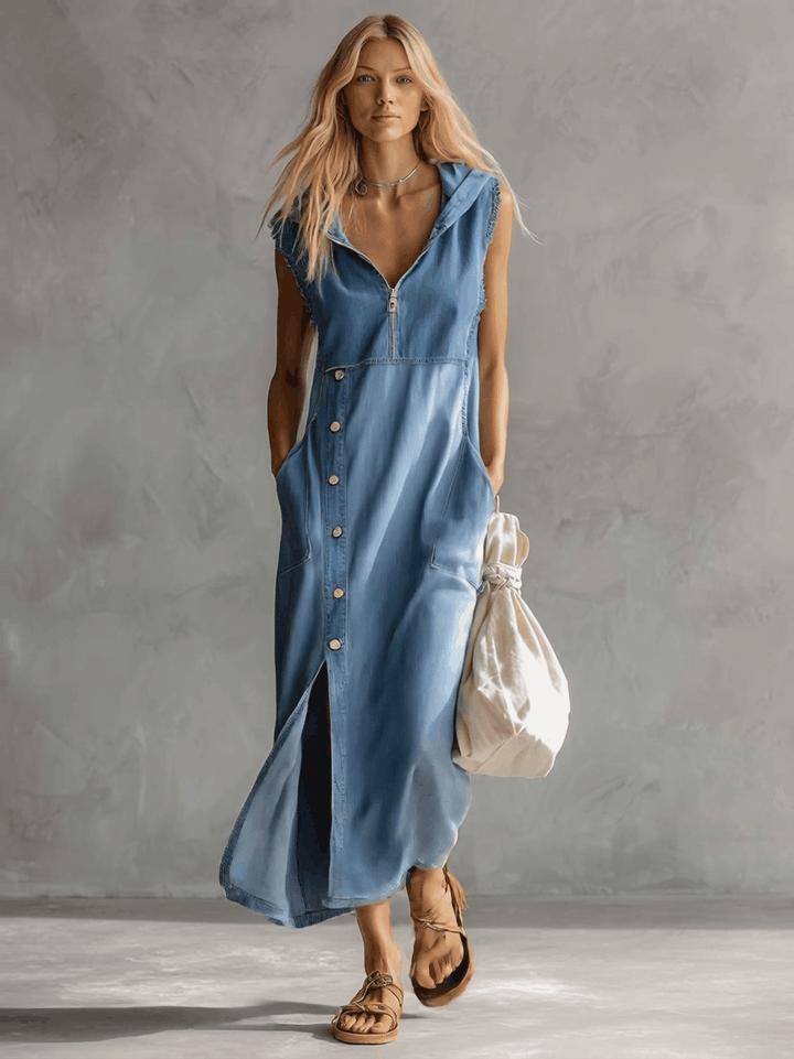 Casual women's hooded midi denim dress in a retro style. Features a comfortable fit and chic side slits.