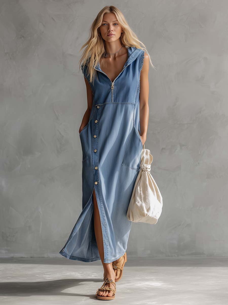 Blue denim V-neck midi dress for women, featuring a practical hood and modern side slits. Vintage-inspired fashion.