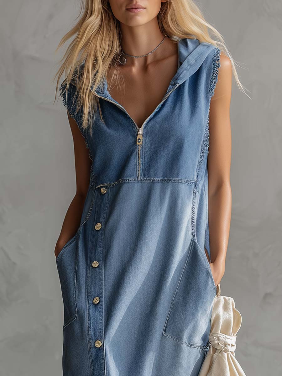 Versatile women's vintage denim midi dress with a hood. Perfect blue casual apparel with elegant side slits.