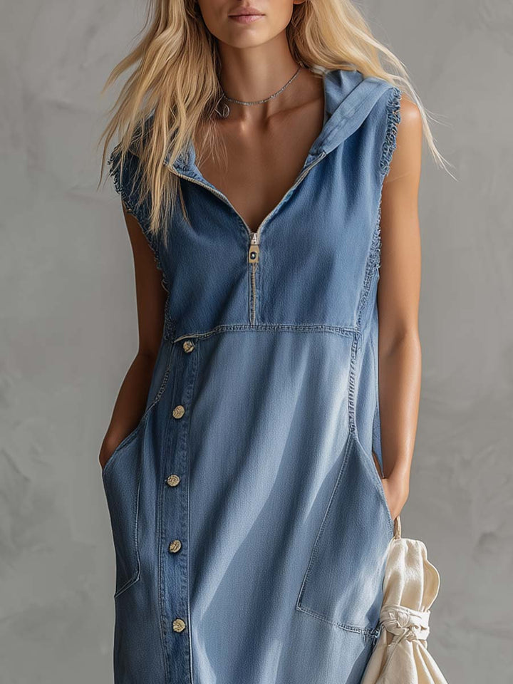 Versatile women's vintage denim midi dress with a hood. Perfect blue casual apparel with elegant side slits.