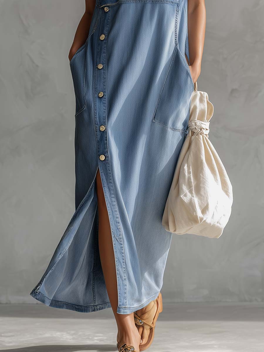 Full shot of women's hooded blue denim midi dress, showcasing its vintage style, V-neck, and trendy side slits.