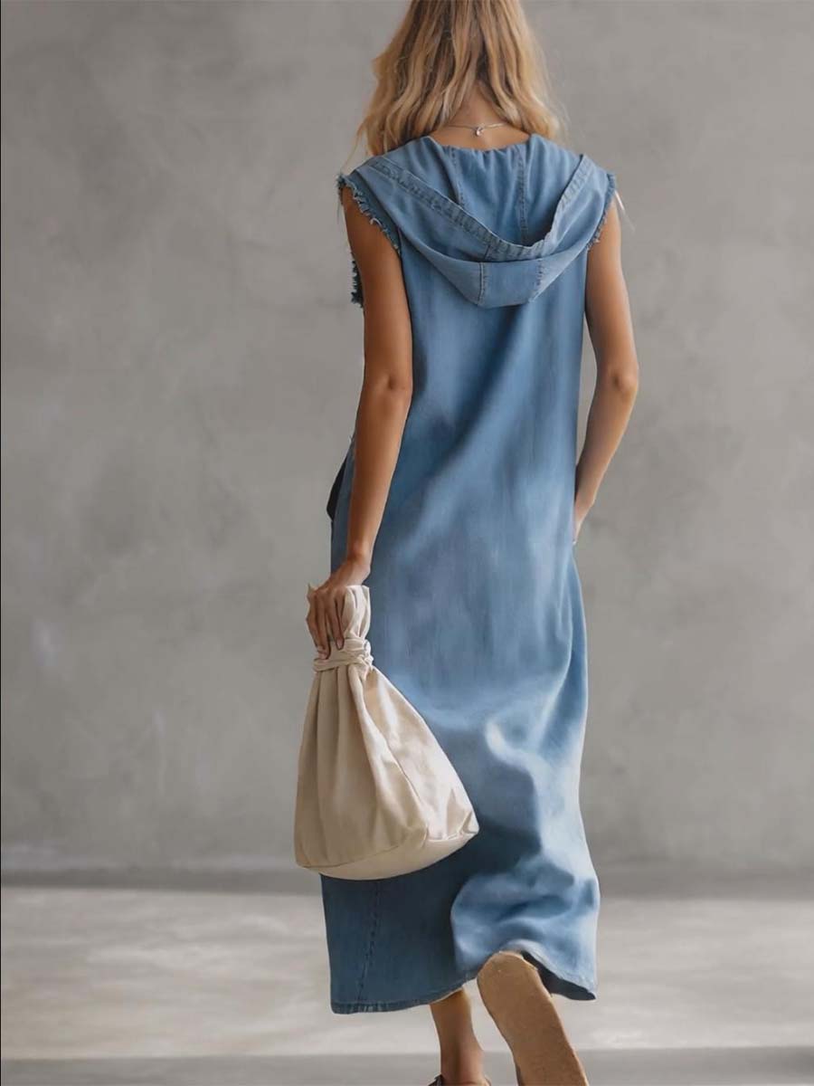 Fashionable women's denim midi dress with a hood. This blue vintage-style V-neck features side slits for comfort.