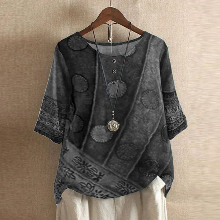 Flowy long sleeve women's blouse with a vibrant vintage floral print for casual, bohemian fashion.