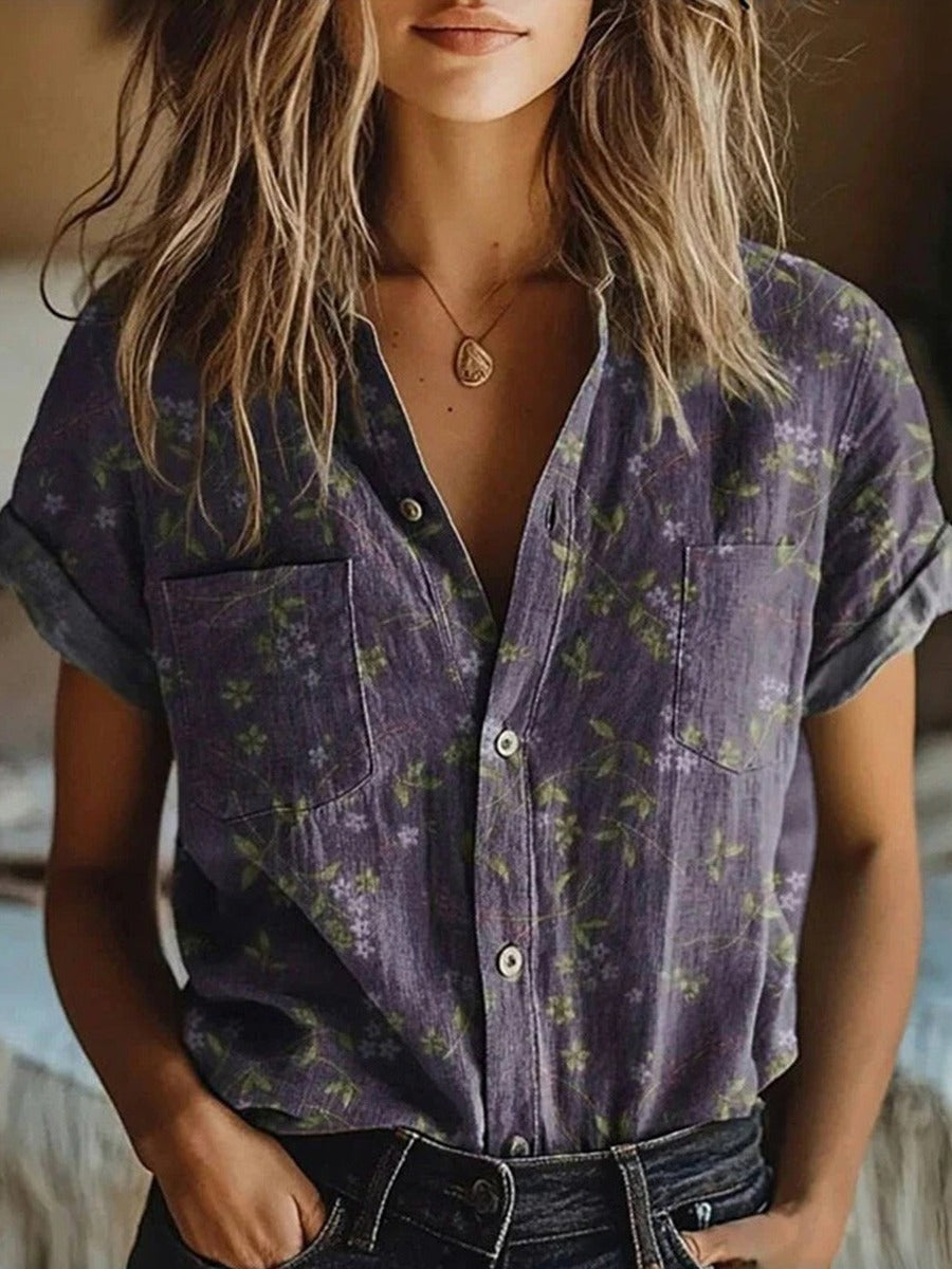 Women's vintage floral short sleeve blouse with a lapel collar, elegant and casual for spring and summer.