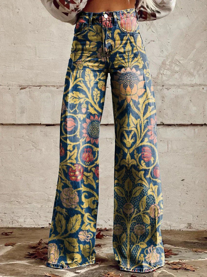 Boho chic women's jeans with a vintage floral print, high waist, and wide-leg flare. Casual statement.