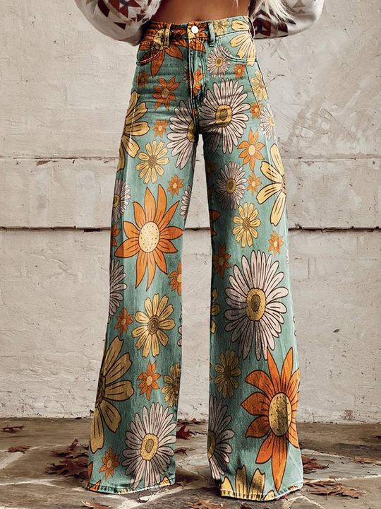 High-waisted women's flare jeans, vintage floral print, wide-leg style. Comfortable retro boho denim.