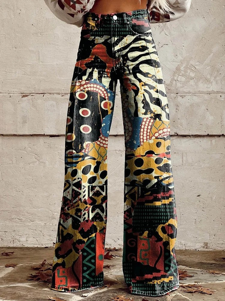 Trendy high-rise wide-leg women's pants with a beautiful vintage floral print for a bohemian fashion statement.