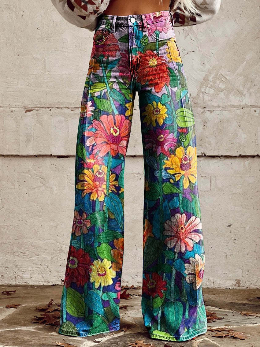 Women's vintage floral wide-leg casual pants. Perfect travel wear with a relaxed fit and bohemian charm.