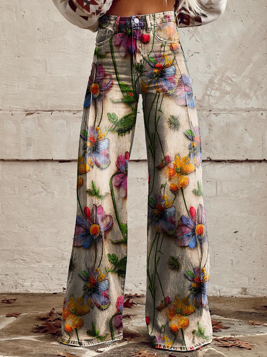 Printed wide-leg women's pants with a vintage floral pattern. Casual, comfortable, and perfect for travel.