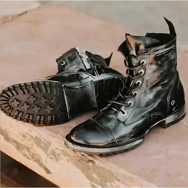 Close-up of women's durable black vintage combat boots with intricate lace-up design, perfect for everyday casual wear.
