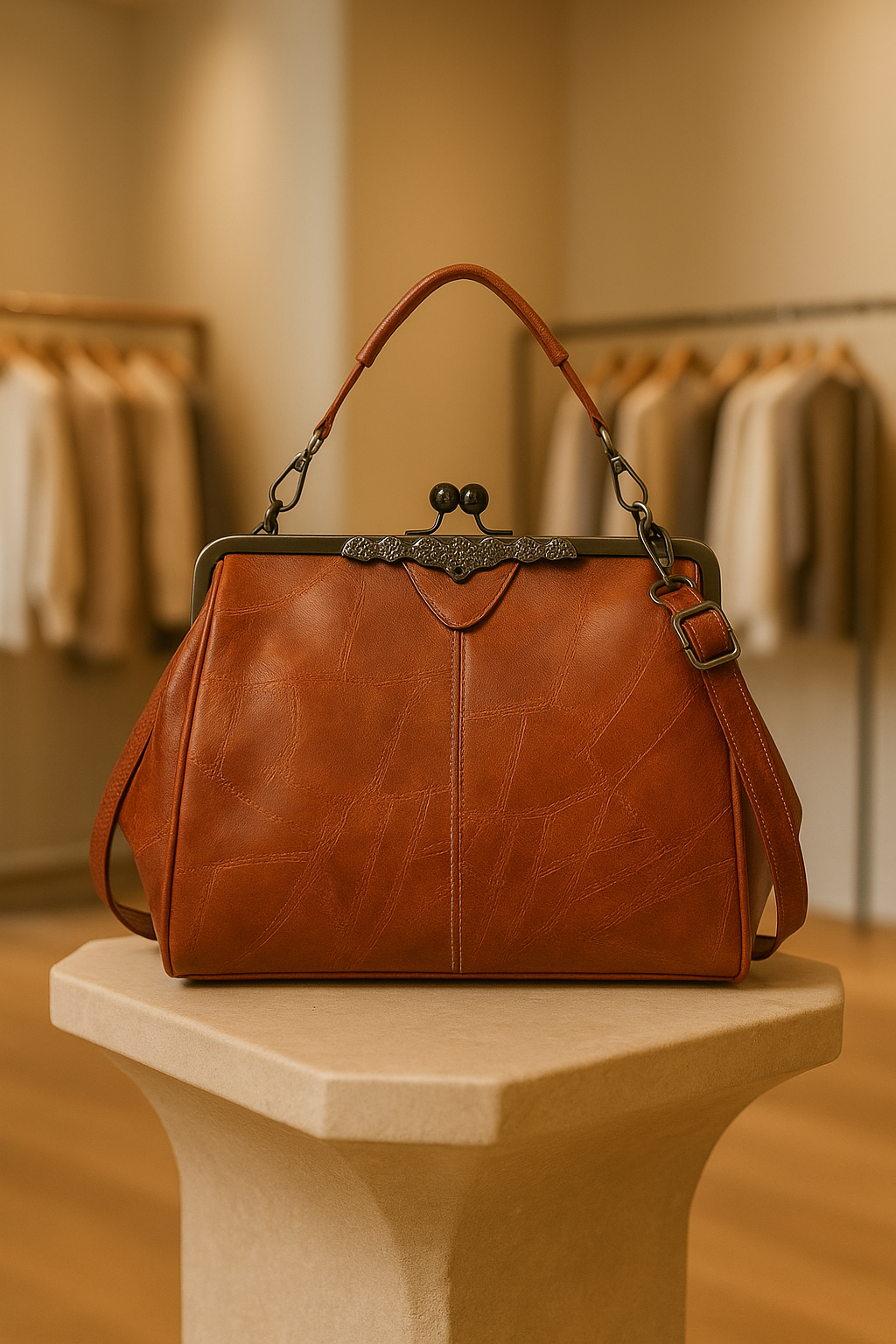 Women's vintage leather shoulder bag, classic design with adjustable strap, ideal for daily wear.