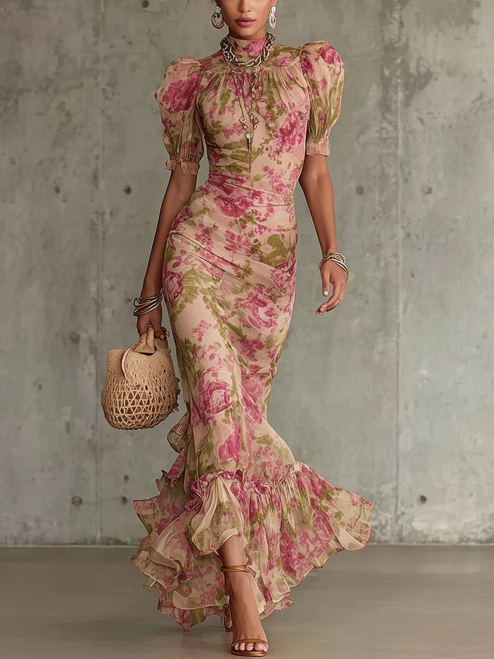 Women's vintage rose print maxi dress with elegant puff sleeves, perfect for summer parties & romantic occasions.