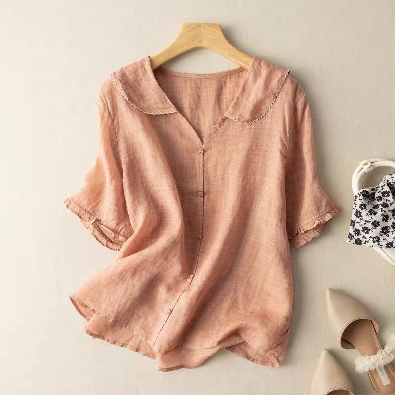 Chic women's vintage blouse with scalloped collar, perfect for office or casual spring/summer wear.