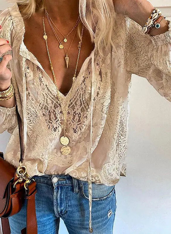Women's vintage split neck bohemian blouse with relaxed fit, perfect for boho chic everyday fashion.
