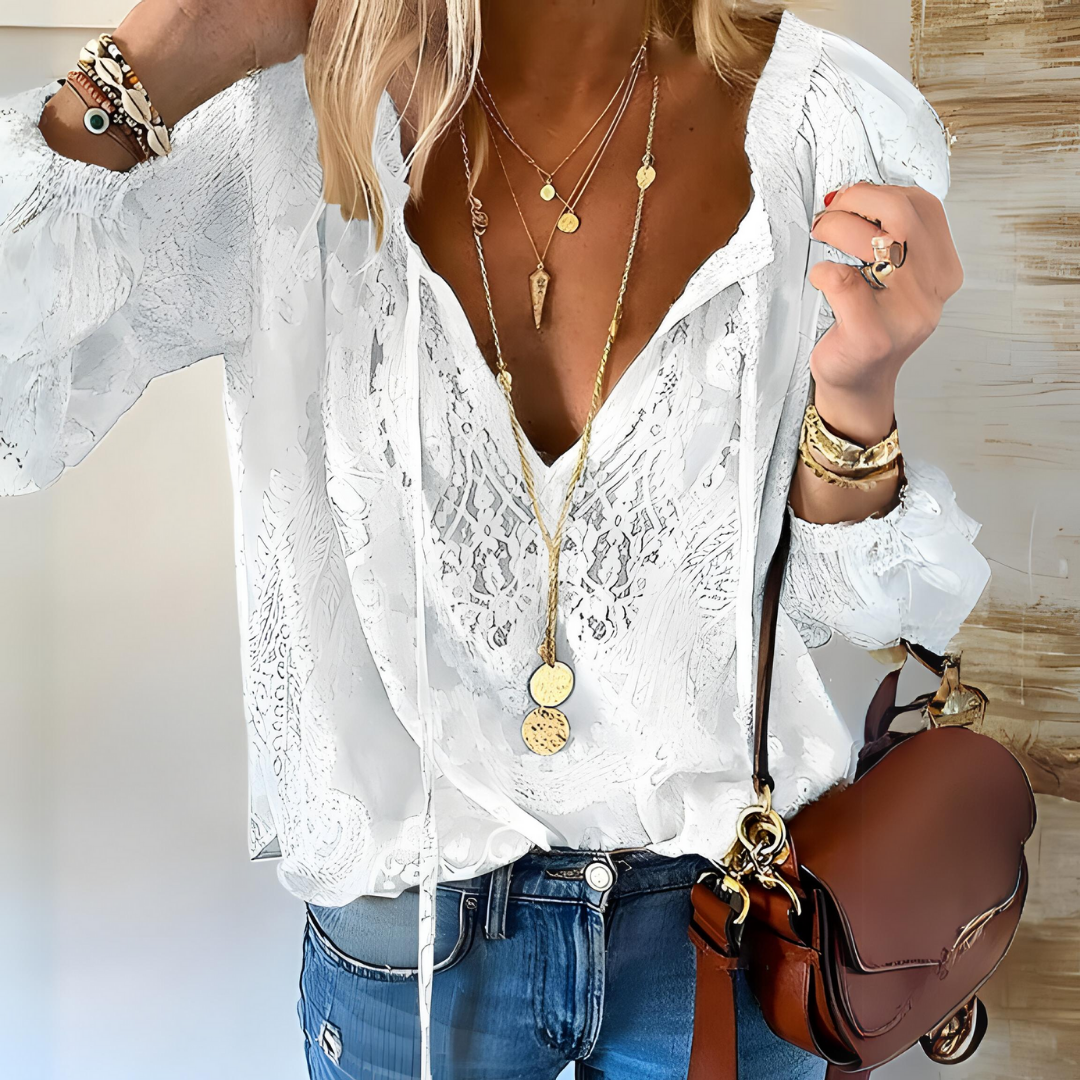 Chic women's vintage style split neck blouse, a relaxed fit bohemian top ideal for versatile casual fashion.
