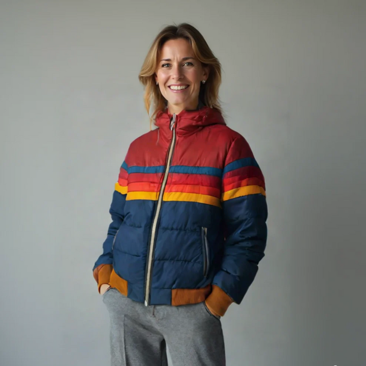 Women's vintage style rainbow striped zip-up jacket. Colorful retro outerwear, perfect for casual fall fashion.