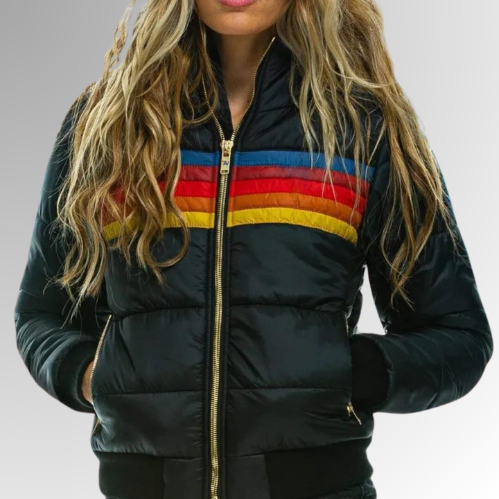 Women's lightweight rainbow zip-up jacket. Vintage style outerwear, great for casual fall, winter, or active fashion.