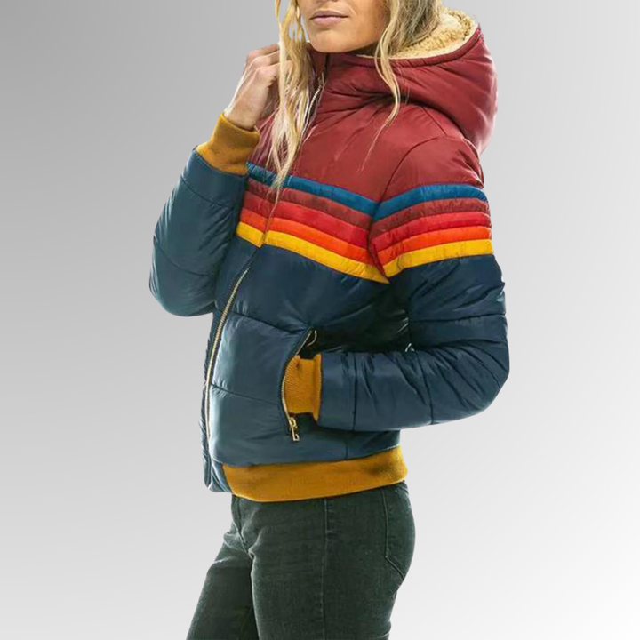 Vintage women's rainbow striped zip-up jacket. Colorful retro fall outerwear, a stylish and comfortable casual piece.