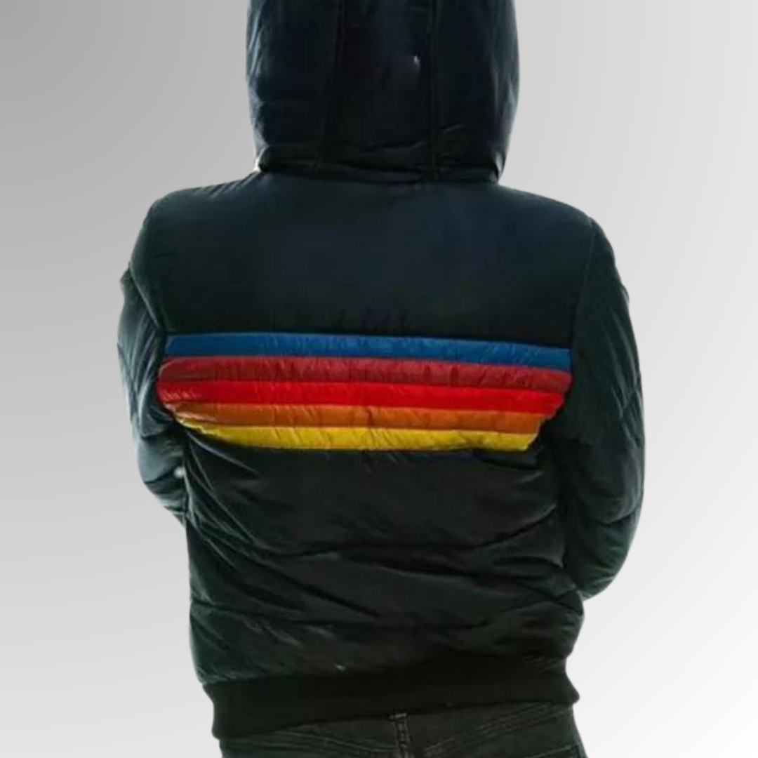 Vibrant women's rainbow striped zip-up jacket. Vintage style activewear, colorful retro outerwear for casual fashion.