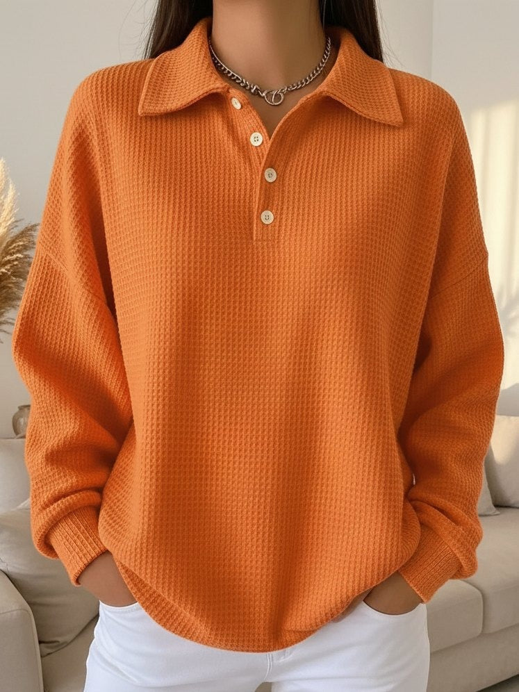Women's waffle collared Henley sweater. Long-sleeve pullover for comfortable autumn casual wear & fall style.