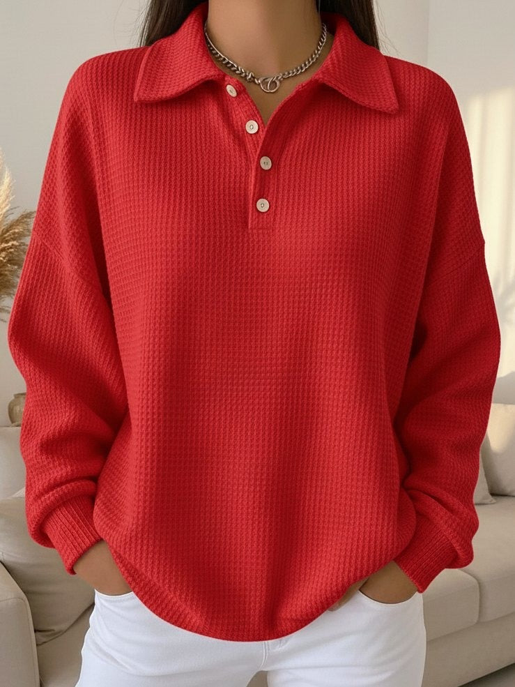 Chic women's waffle knit collared Henley sweater. Relaxed fit pullover, perfect for versatile smart-casual autumn outfits.