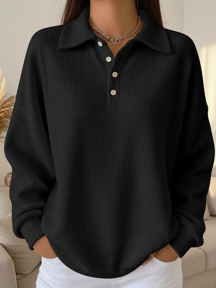 Comfortable women's long-sleeve waffle collared Henley. Ideal fall fashion pullover for relaxed autumn style.