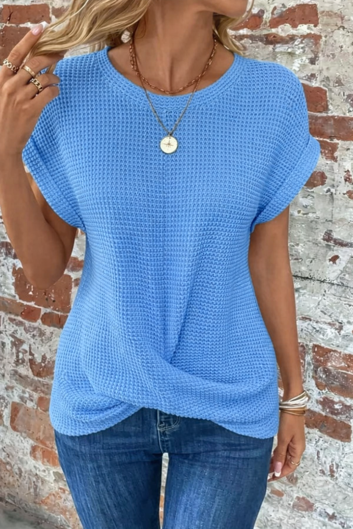 Women's Waffle Twist Tee. A comfortable short-sleeve casual top with a stylish twist front. Everyday fashion.