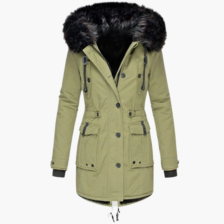 Side view of a woman wearing a black hooded puffer winter coat, showing its warmth and length.