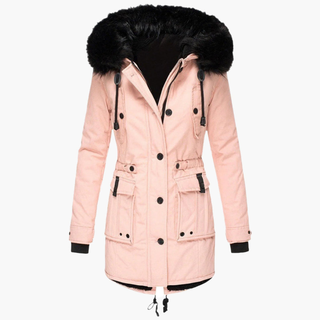Back view of women's black warm hooded puffer winter coat, ideal for cold weather fashion.