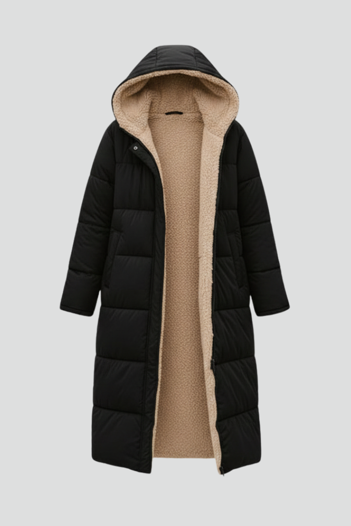 Women's warm quilted long coat with hood & full zip. Perfect for cold winter days, stylish outerwear.