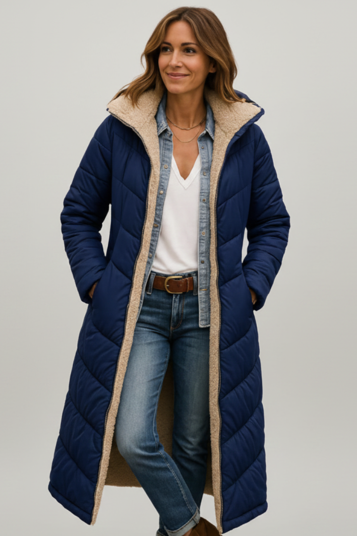 Women's full-zip long quilted coat with a protective hood. Warm winter outerwear for cold weather comfort.
