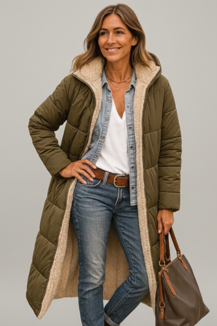 Versatile women's hooded long quilted coat with full zip. Great for warmth in fall & winter activities.