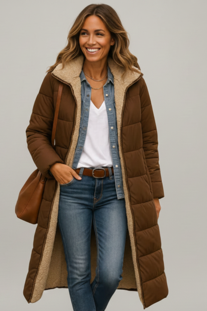 Chic women's warm quilted long coat, hooded, full-zip. Perfect for stylish winter layering & comfort.