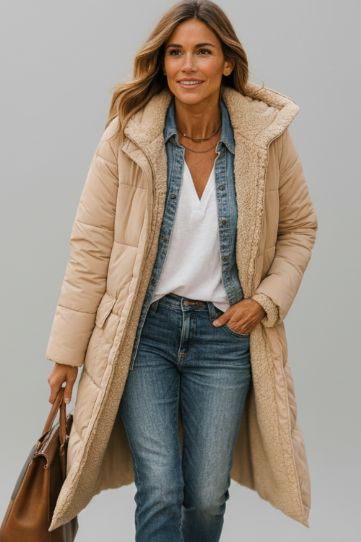 Women's warm quilted full-zip long coat with an adjustable hood. Maximize winter comfort & style.