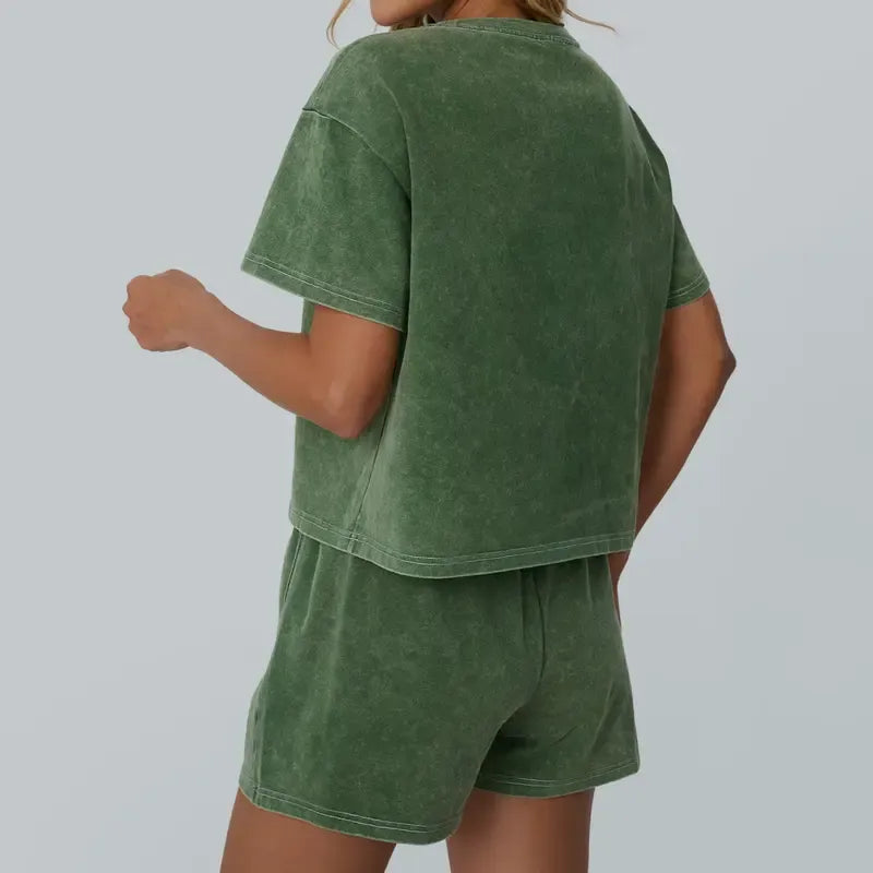 Detail of the comfortable fit and texture of a women's washed cotton lounge set, casual wear
