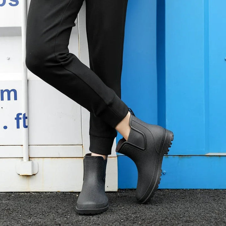 Comfortable women's waterproof slip-on Chelsea platform ankle boots for rainy days.