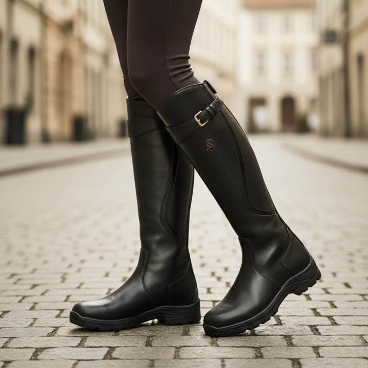 Female's waterproof knee-high boots, orthopedic design, plush comfort, and reliable traction for cold weather.