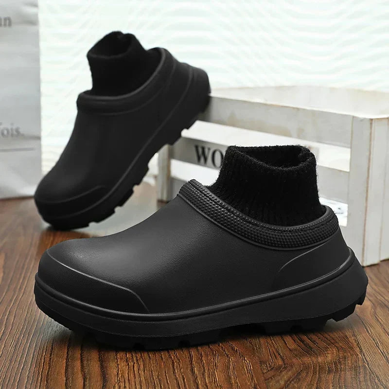 Comfortable women's waterproof slip-on clogs with a cozy ankle cuff, non-slip sole, perfect for daily walking.