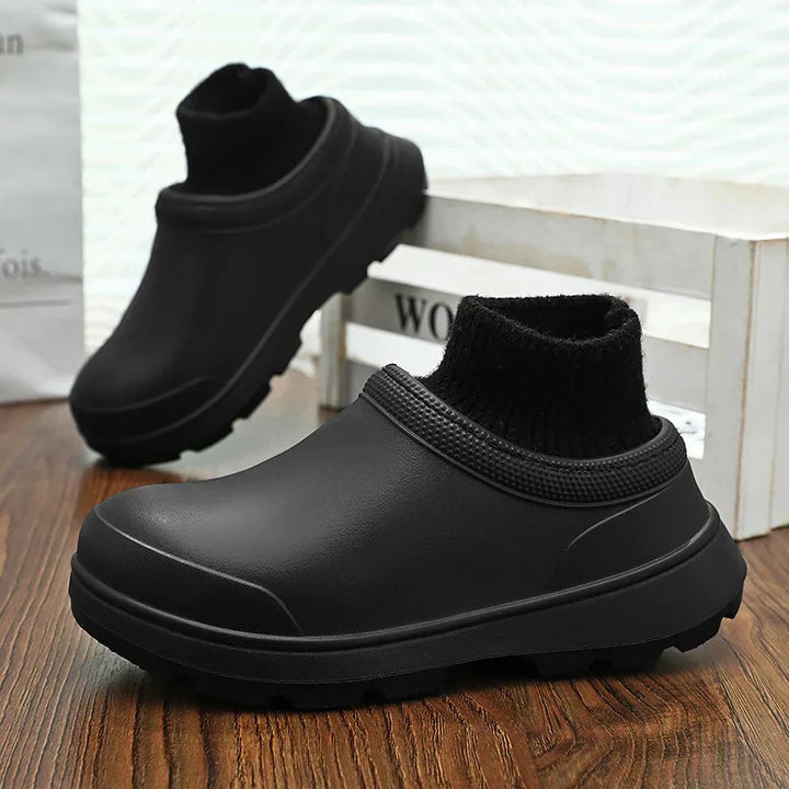Comfortable women's waterproof slip-on clogs with a cozy ankle cuff, non-slip sole, perfect for daily walking.
